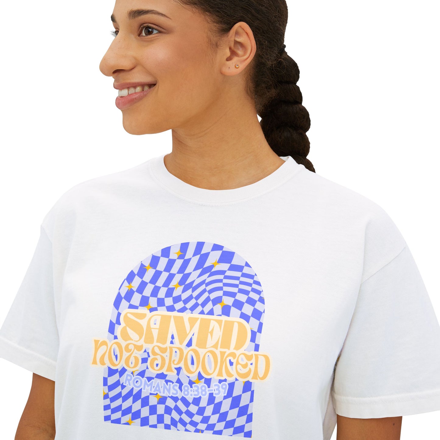 Saved Not Spooked Boho Graphic Women's Boxy Tee, Relaxed Fit Shirt for Summer, Casual Wear, Gift for Her, Festival Attire, Trendy Streetwear