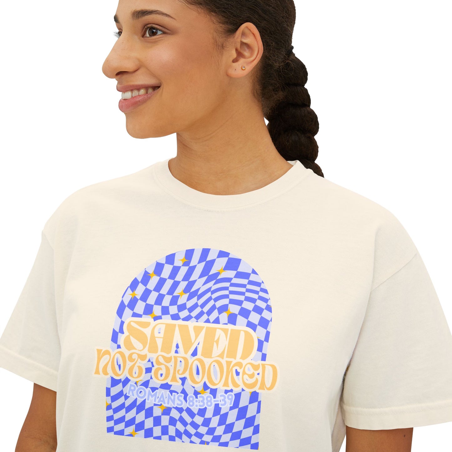 Saved Not Spooked Boho Graphic Women's Boxy Tee, Relaxed Fit Shirt for Summer, Casual Wear, Gift for Her, Festival Attire, Trendy Streetwear