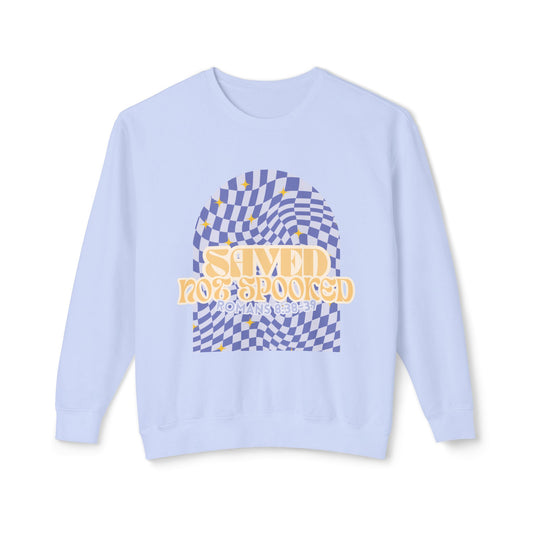 Saved Not Spooked Sweatshirt, Unisex Lightweight Crewneck, Cozy Fall Apparel, Halloween Gift, Trendy Layering Piece